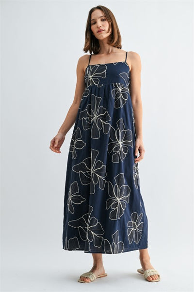 Embroidered Contrast Flower Maxi Dress