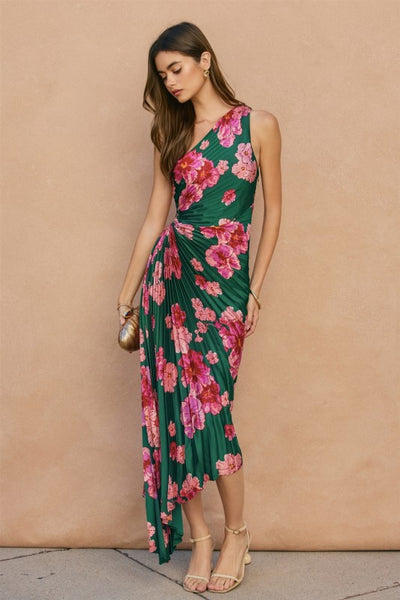 Desert Bloom Pleated One Shoulder Dress