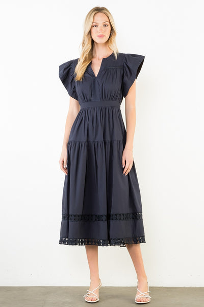 Crochet Trim Ruffle Midi Dress