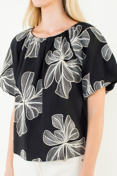 Embroidered Hibiscus Puff Sleeve Top