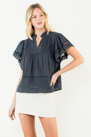 Textured Stripe Flutter Sleeve Top - 2 Colors
