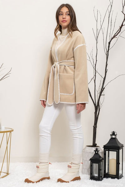 Scallop Whipstitch Belted Jacket