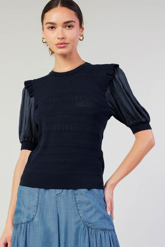 Pointelle Knit Pleated Sleeve Top