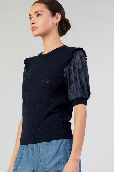 Pointelle Knit Pleated Sleeve Top