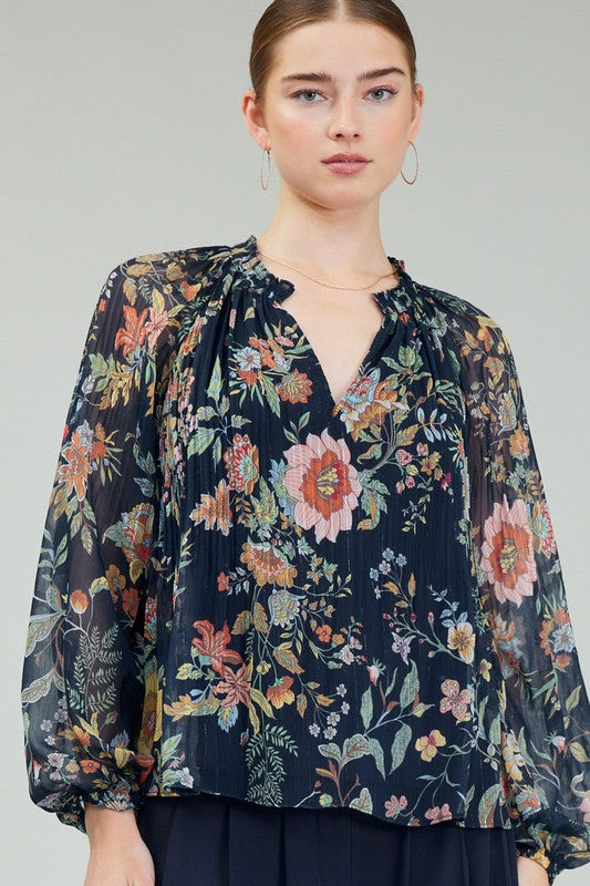 Midnight Floral Pleated Blouse