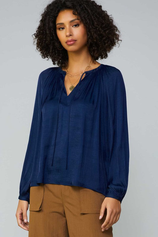 Placket V-Neck Tie Blouse