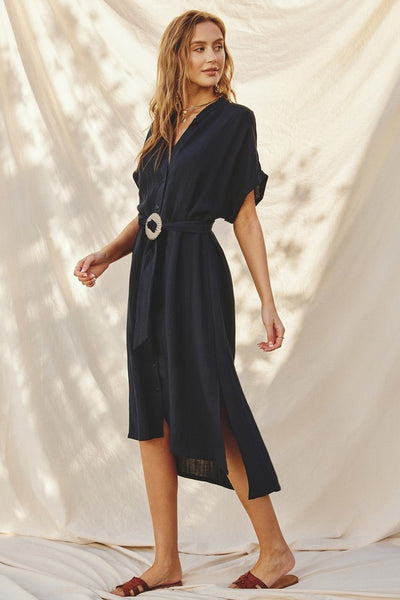 Belted Button Midi Dress