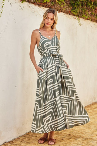 Belted Abstract Line Dress