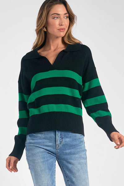 Contrast Striped Collared Sweater