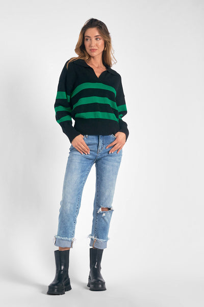 Contrast Striped Collared Sweater