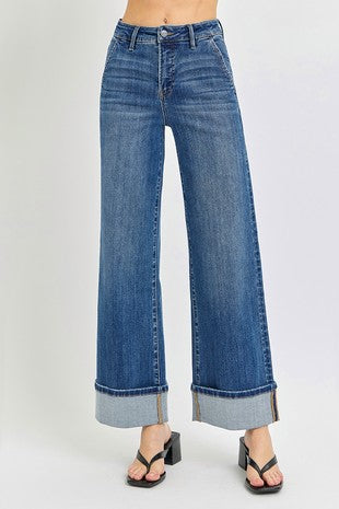 Tummy Control Cuffed Wide Leg Jeans