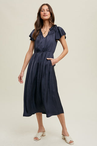 Pleated Yoke Flutter Sleeve Dress