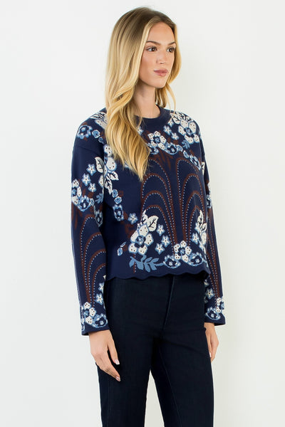 Floral Nights Scallop Hem Sweater