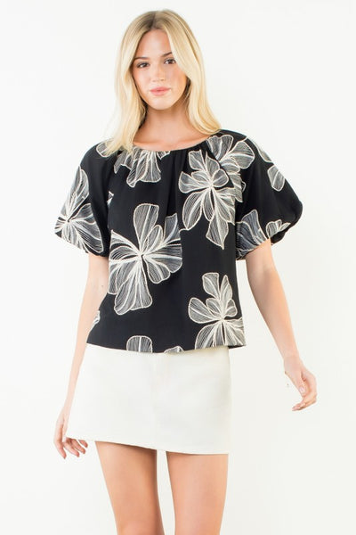 Embroidered Hibiscus Puff Sleeve Top