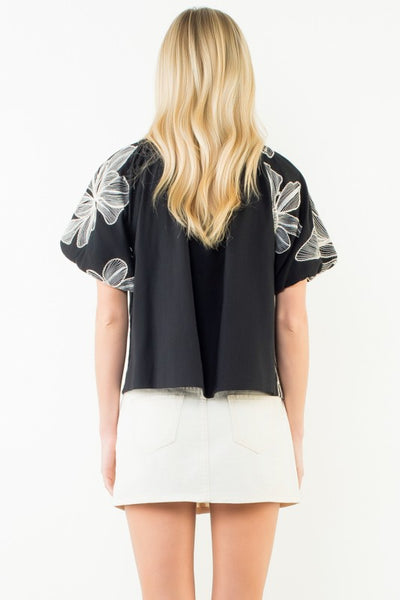 Embroidered Hibiscus Puff Sleeve Top