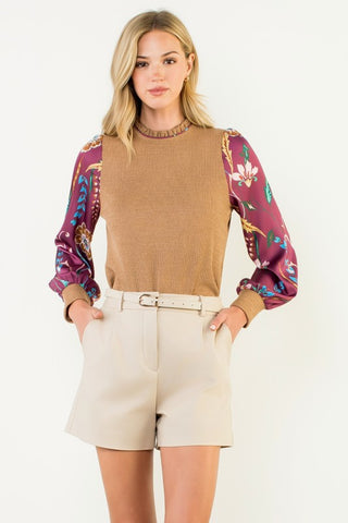 Floral Satin Sleeve Top - 2 Colors