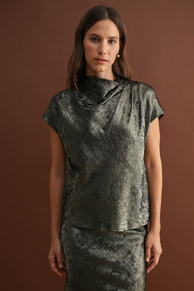 Metallic Draped Cowlneck Blouse