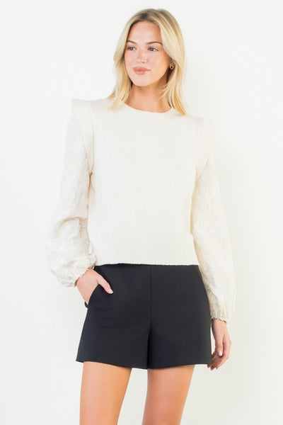 Embroidered Sleeve Contrast Knit Top