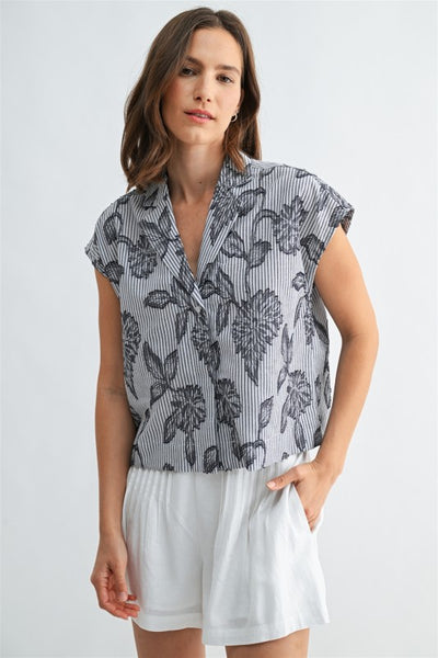 Floral Jacquard Striped Collared Top