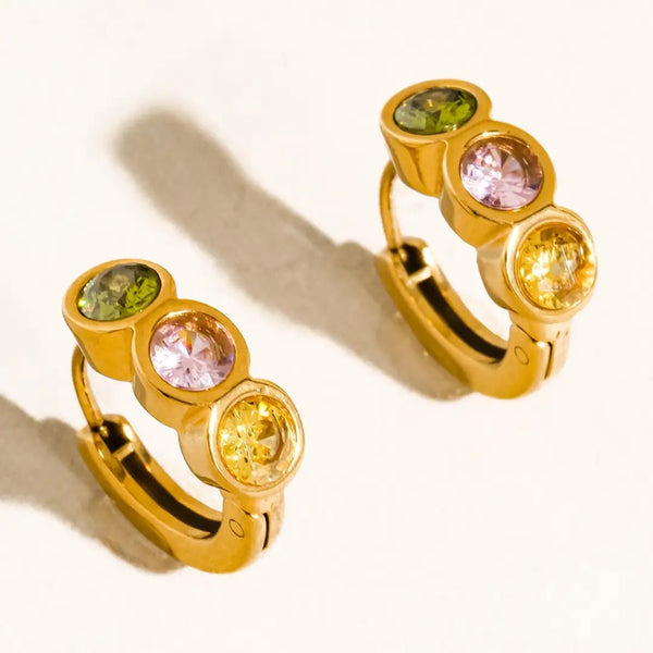 18K Gold Dipped Multicolor Tri Stone Mini Hoops