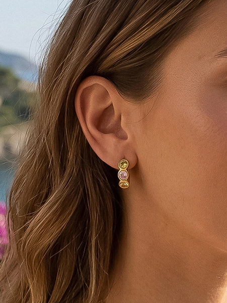 18K Gold Dipped Multicolor Tri Stone Mini Hoops