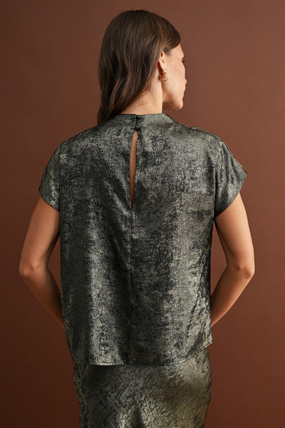Metallic Draped Cowlneck Blouse